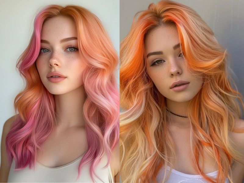 Peekaboo hair color: coral tones hidden under honey-blonde layers