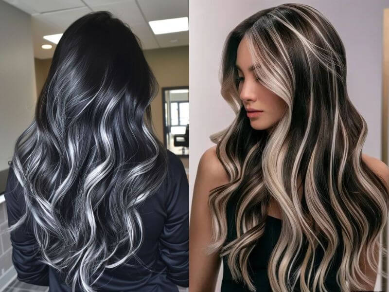 Silvery highlights under black hair