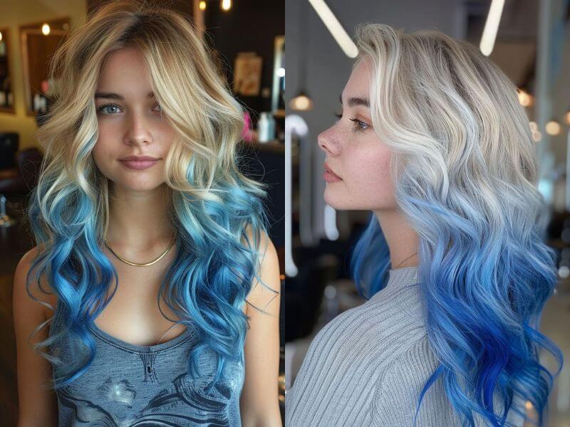 Ash blonde hair with electric blue streaks