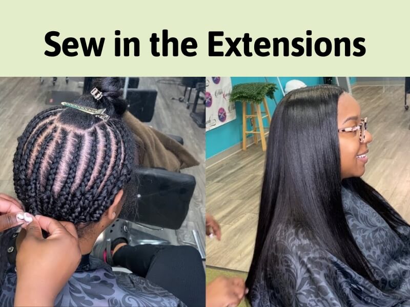 Step 5 of the middle part sew in tutorial: Sew in extensions