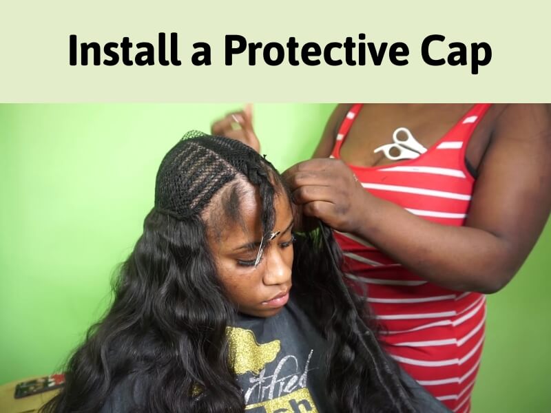 Step 4 of the middle part sew in tutorial: Installing a protective cap