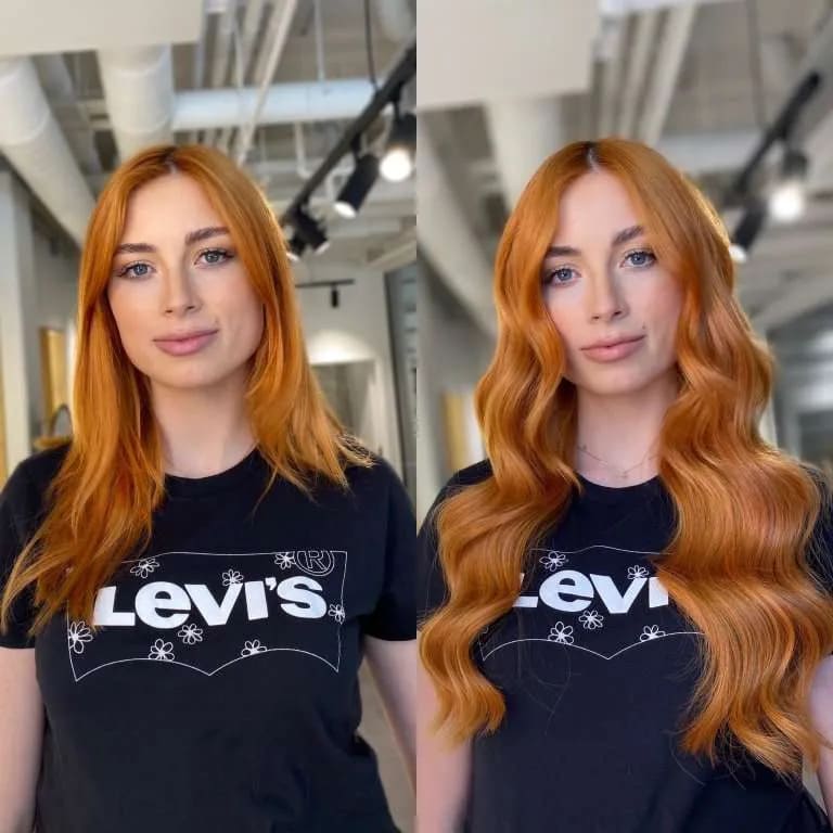 Tape hair extensions before and after the ginger color
Tape hair extensions before and after the ginger color
