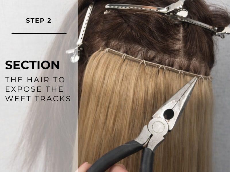 Section the hair to expose the weft tracks