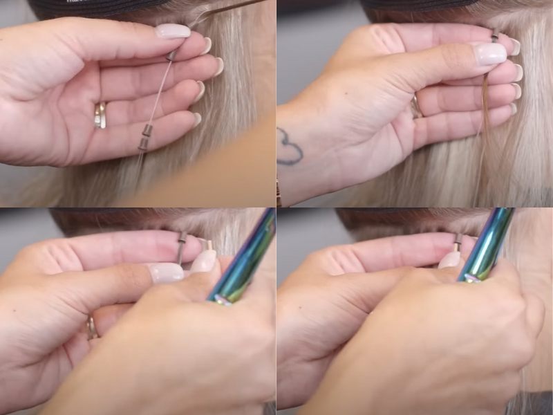 Step 3 and step 4 of how to apply i-tip hair extensions with heat