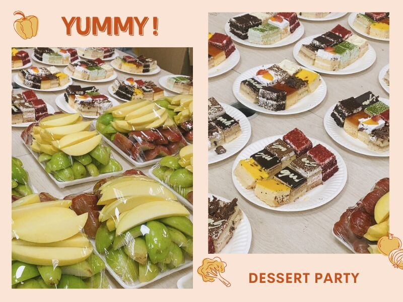 The tables were filled with an array of cakes and fruits