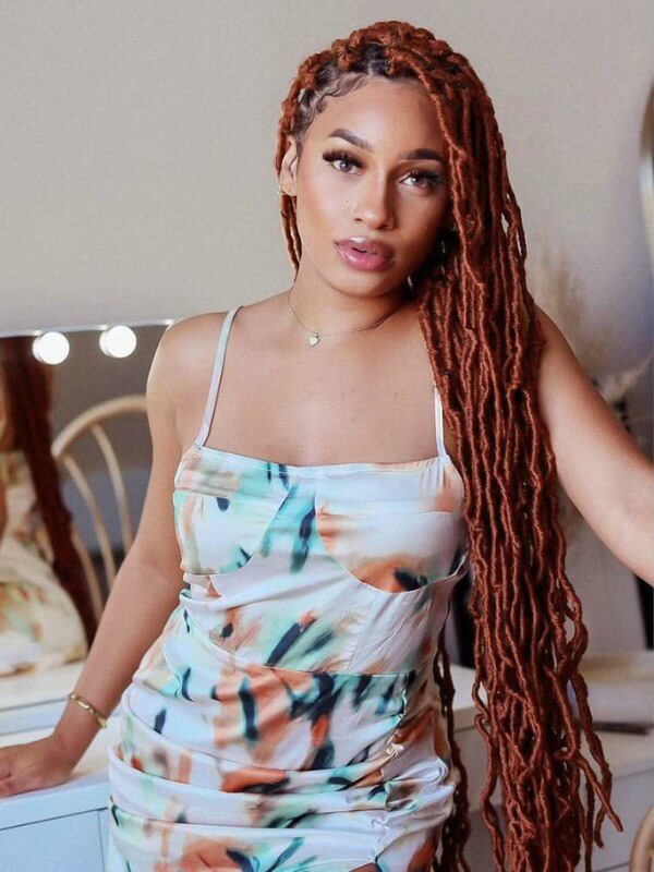 Faux locs look stunning in brown light burgundy color