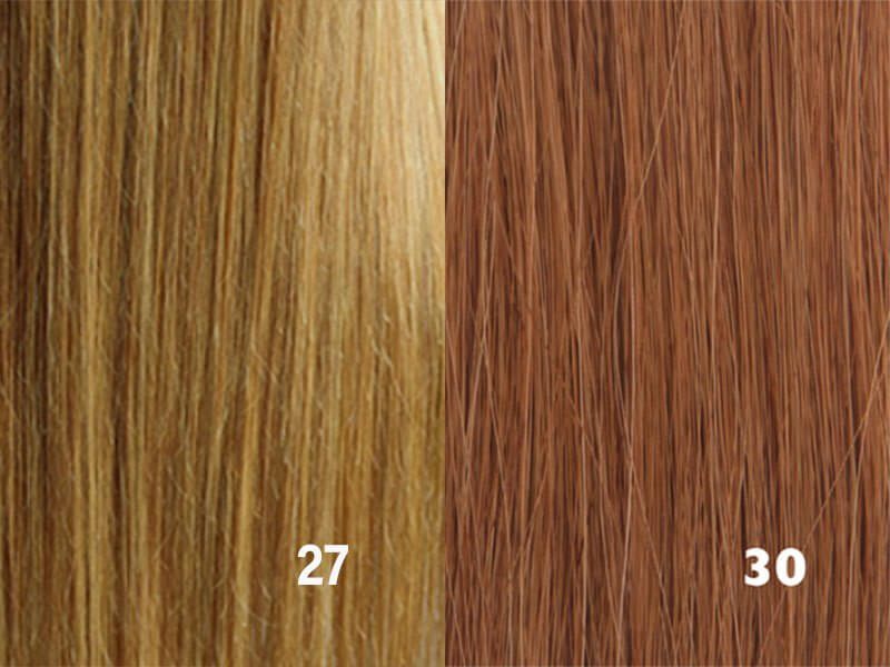 #27 has a warmer, more golden tone compared to the reddish-brown of hair color #30