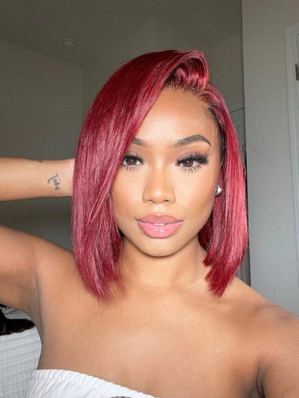 A sharp, modern bob that makes pink and red hues stand out