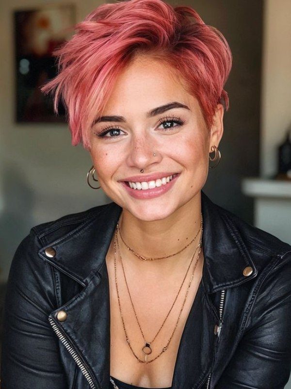 A short, edgy cut with vibrant pink and red streaks