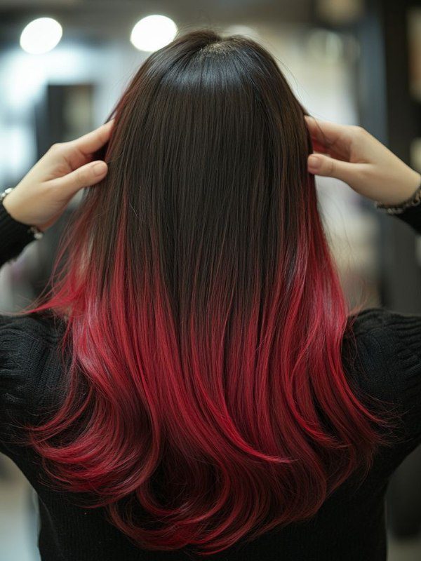 A striking ombre style with a seamless fade from deep red to bright pink