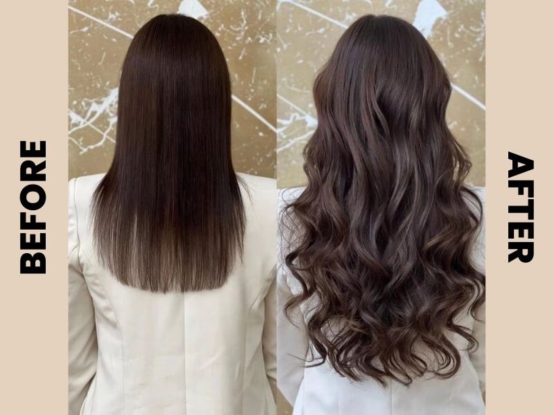 Before and after applying normal tape in hair extensions