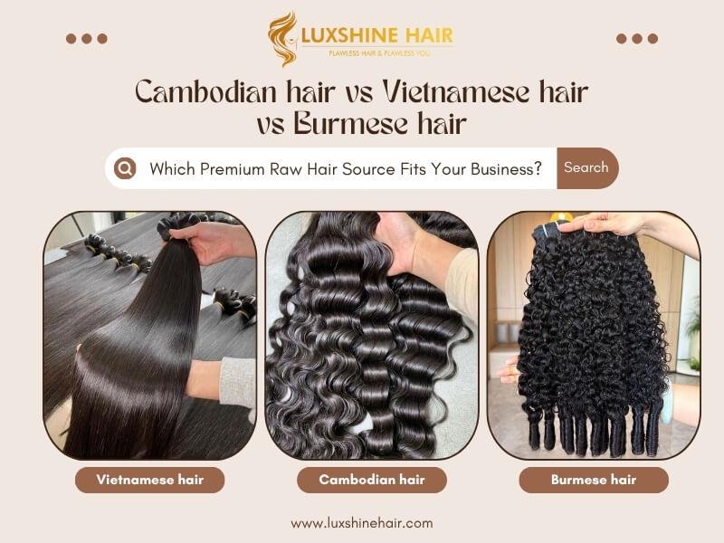 A side-by-side comparison of Vietnamese, Cambodian, and Burmese raw hair extensions