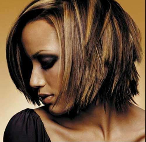 Chocolate brown Layered short hairstyle with Caramel highlights