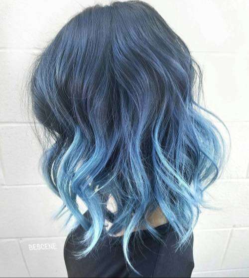 Ombre light blue black wavy hair
