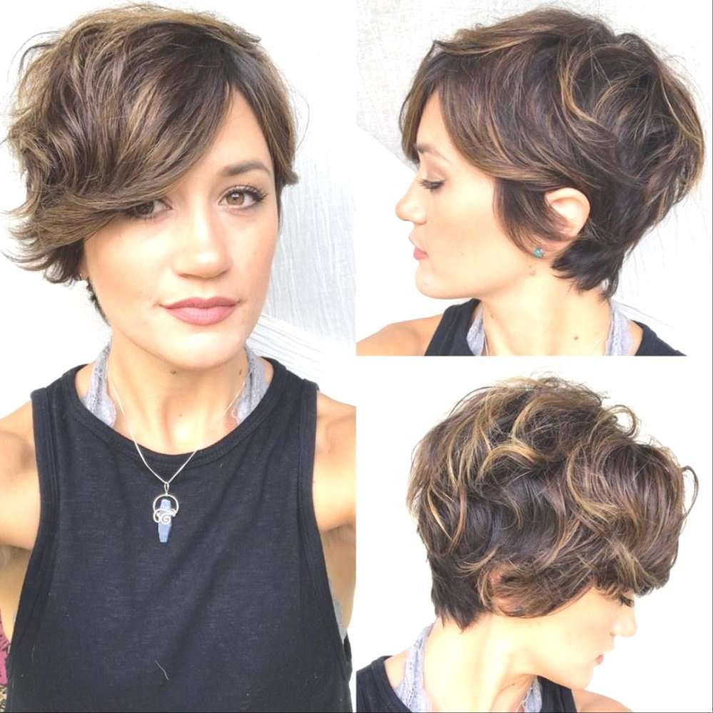 Pixie hairstyle with side bangs curled up
