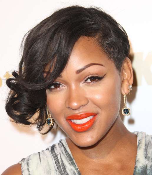 Meagan Good Short cut with long curly side- part bangs