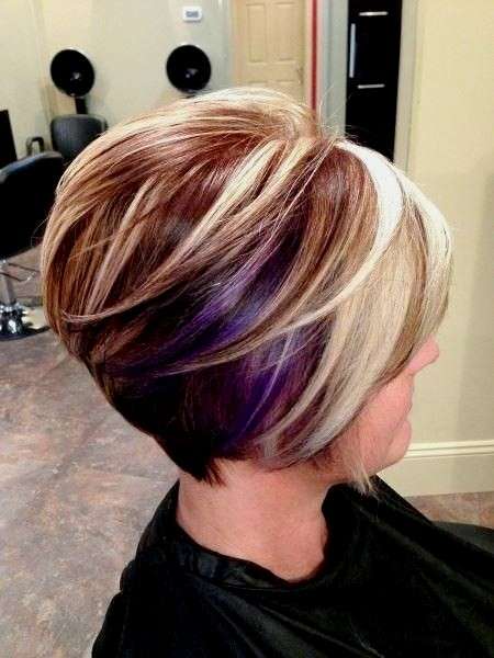 blonde and purple highlights in dark caramel base