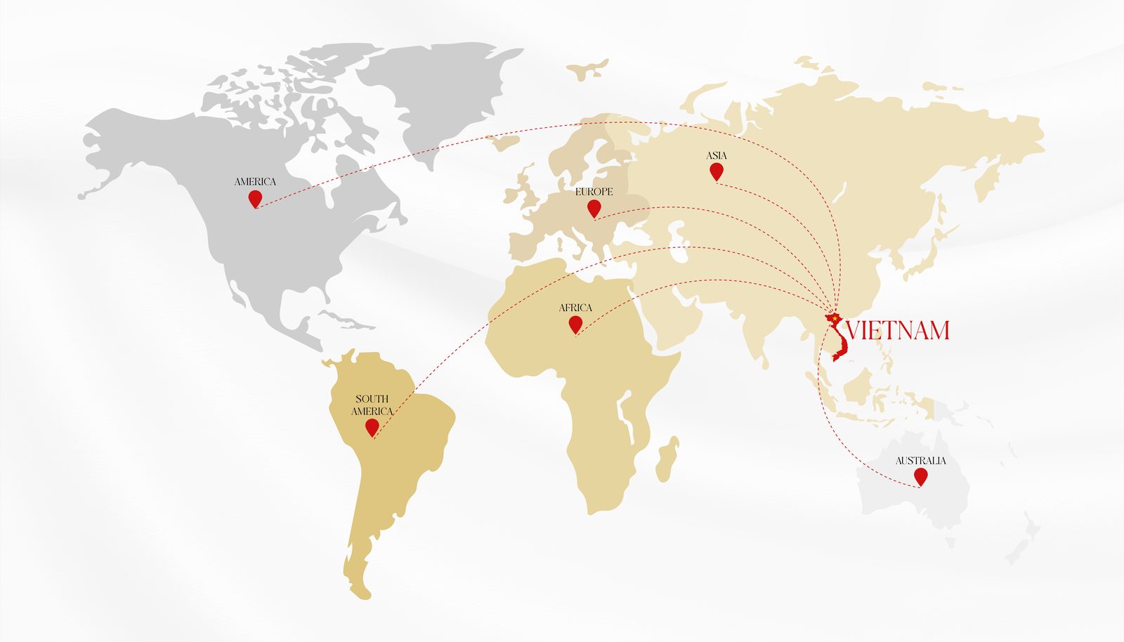 World map: Luxshine ships from Vietnam to America, South America, Europe, Africa, Asia and Australia