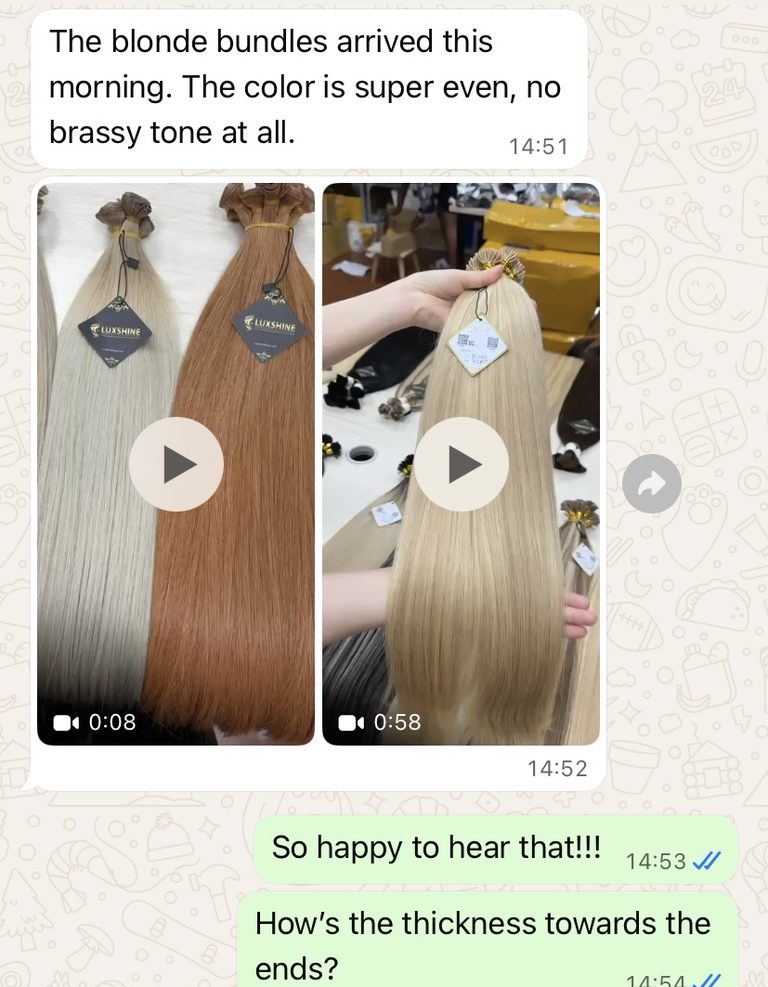 A partner's chat: the blonde bundles arrived this morning, the colour is super even with no brassy tone; her stylist team loves this batch.
