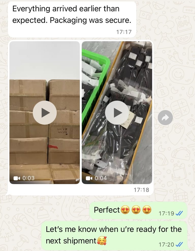 A partner's chat: everything arrived earlier than expected and the packaging was secure; ready for the next shipment soon.