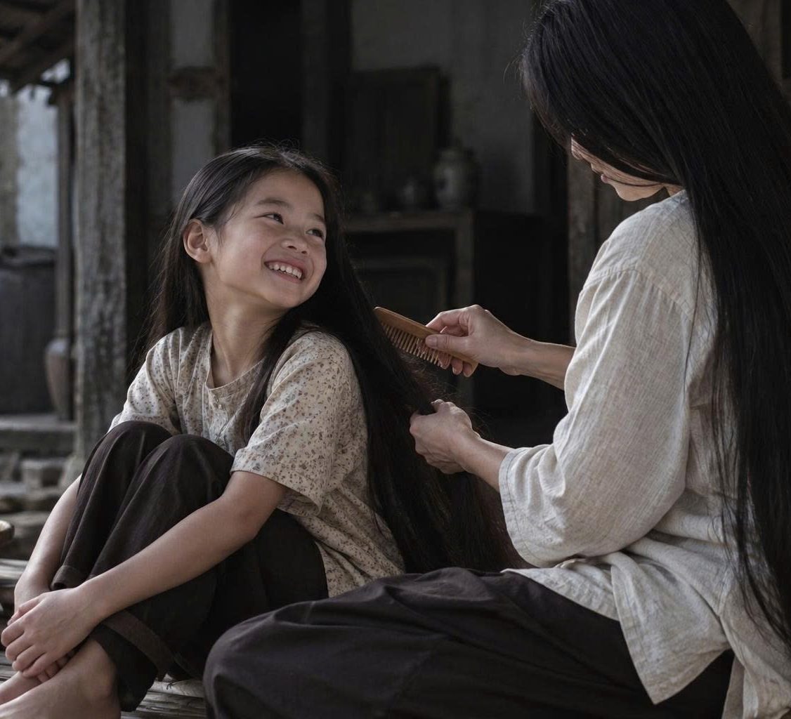 A mother combing her smiling daughter's long black hair on the porch of a Vietnamese village house